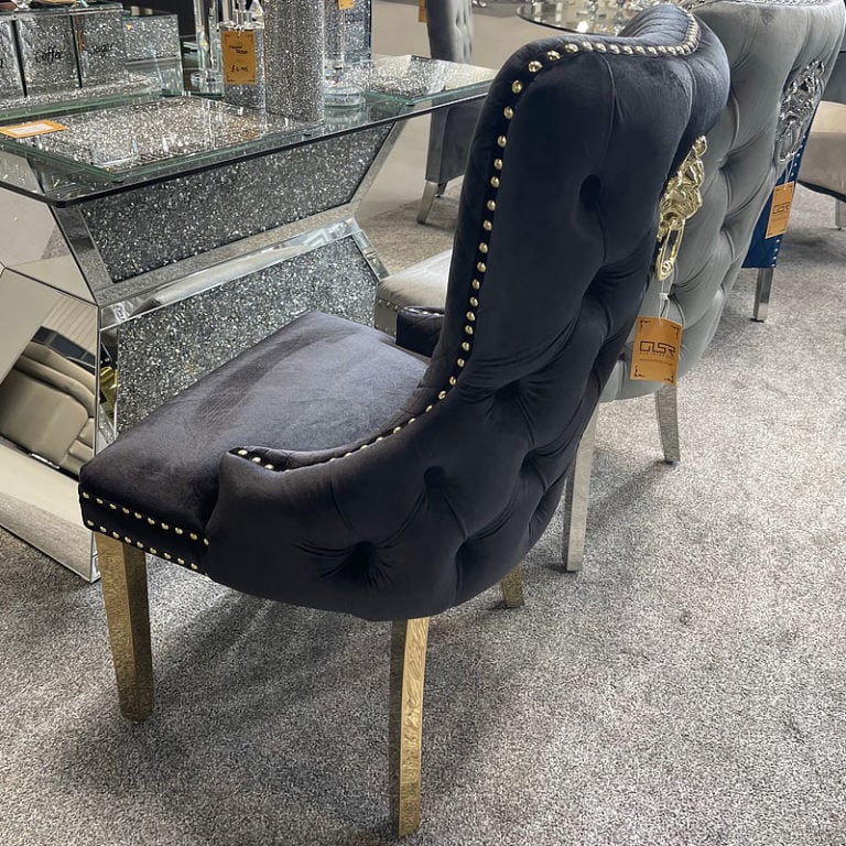 Set Of 2 Elizabeth Black Velvet And Gold Dining Chairs With Lion Ring ...