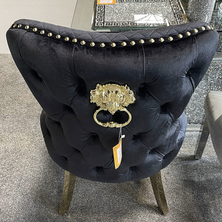 Set Of 2 Elizabeth Black Velvet And Gold Dining Chairs With Lion Ring