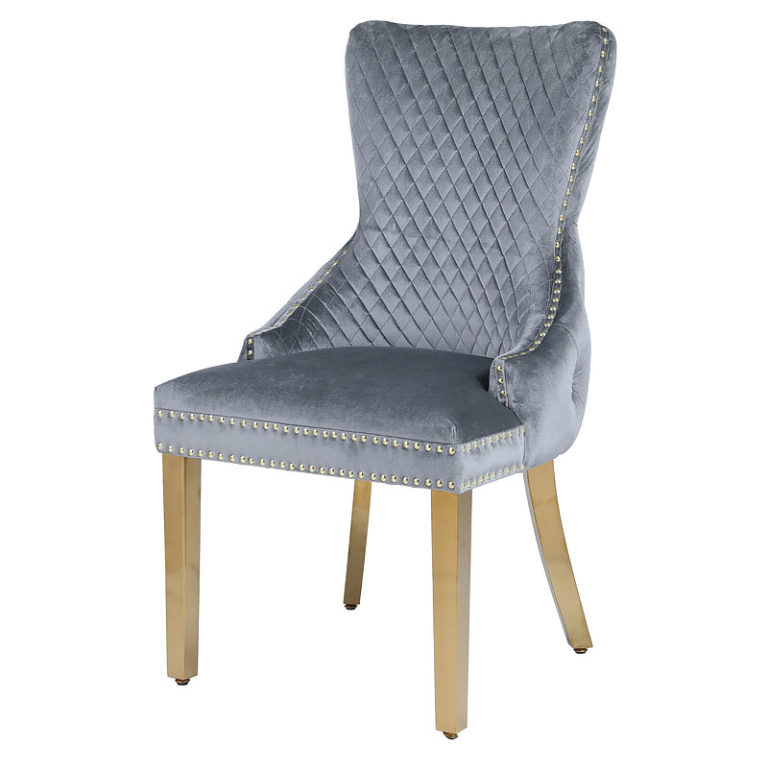 Set Of 2 Elizabeth Grey Velvet And Gold Dining Chairs With Lion Ring