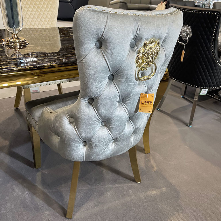 Set Of 2 Elizabeth Grey Velvet And Gold Dining Chairs With Lion Ring