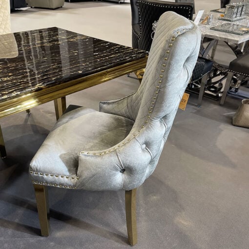 Elizabeth Grey Velvet And Gold Dining Chair With Lion Ring Knocker