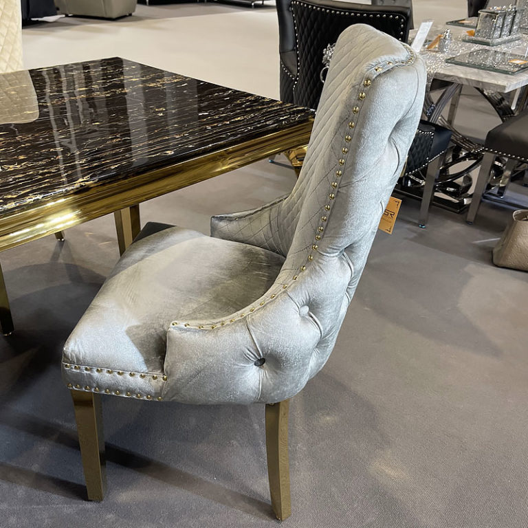 Set Of 2 Elizabeth Grey Velvet And Gold Dining Chairs With Lion Ring