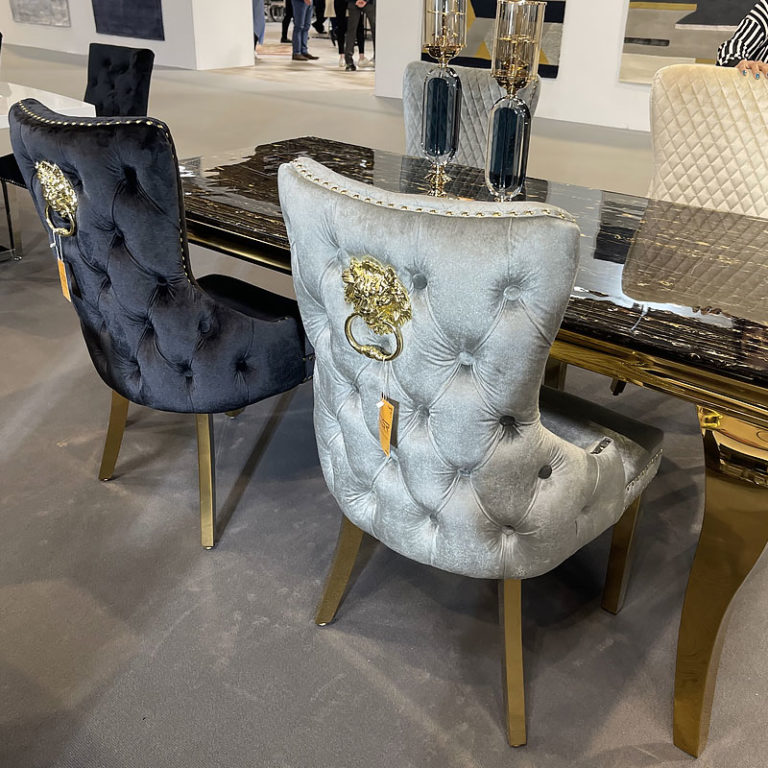 Set Of 2 Elizabeth Grey Velvet And Gold Dining Chairs With Lion Ring ...