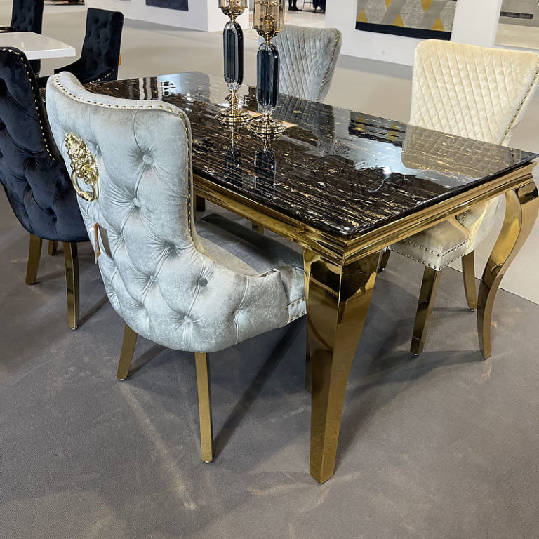 Set Of 2 Elizabeth Grey Velvet And Gold Dining Chairs With Lion Ring ...