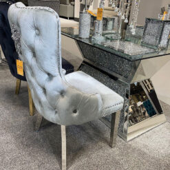 Elizabeth HQ Silver Velvet And Chrome Dining Chair With Lion Knocker