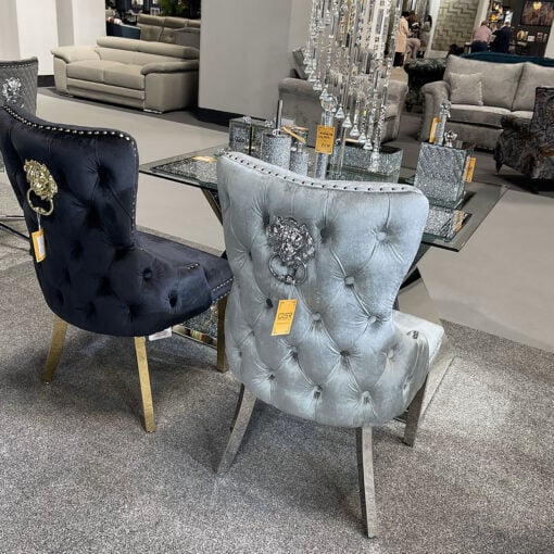 Elizabeth HQ Silver Velvet And Chrome Dining Chair With Lion Knocker