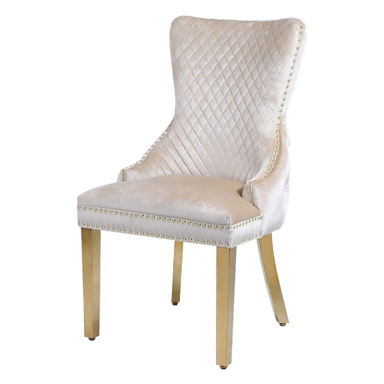 Set Of 2 Elizabeth Mink Velvet And Gold Dining Chairs With Lion Ring Knocker Picture Perfect Home