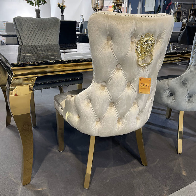 Set Of 2 Elizabeth Mink Velvet And Gold Dining Chairs With Lion Ring Knocker Picture Perfect Home