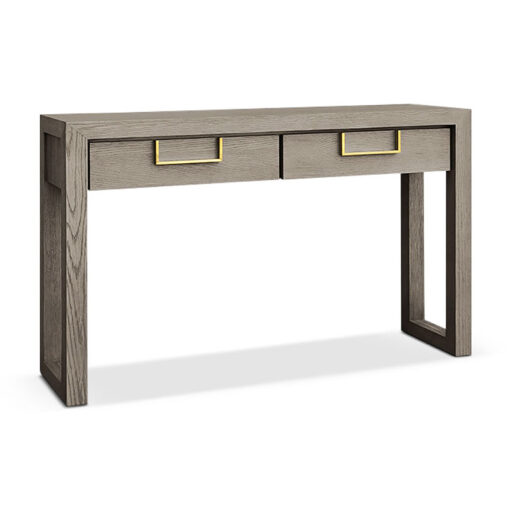 Hugo Textured Grey Taupe Oak 2 Drawer Console Table With Gold Handles