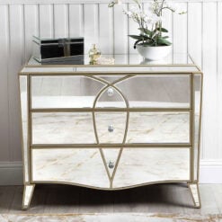 Mallory Champagne Gold 3 Drawer Mirrored Chest Of Drawers Cabinet