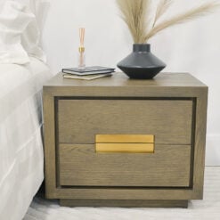 Peregrine Taupe Oak 2 Drawer Wood Bedside Cabinet With Brass Inlay