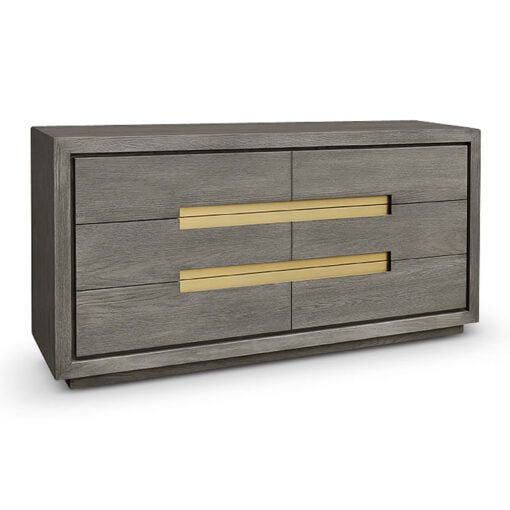 Peregrine Grey Taupe Oak 6 Drawer Chest of Drawers With Brass Inlay