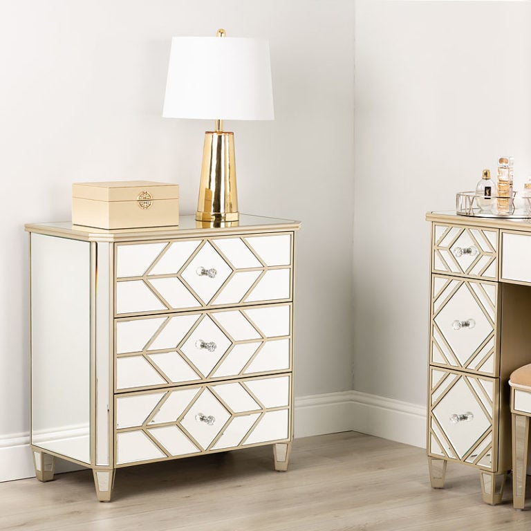 Venetia Mirrored Champagne Gold 3 Drawer Chest Of Drawers Cabinet ...