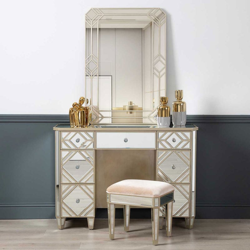 Mirrored Champagne Gold 7 Drawer Dressing Table Vanity Table