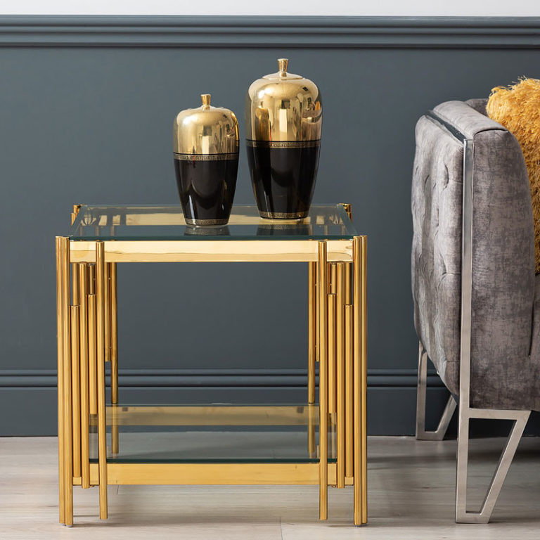 Colton Gold Metal And Glass End Side Display Table | Picture Perfect Home