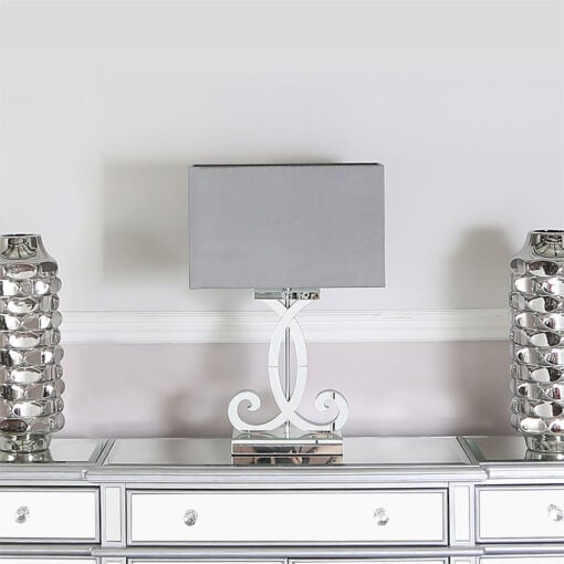 Barclay Silver Mirrored Table Lamp With A Grey Faux Silk Shade