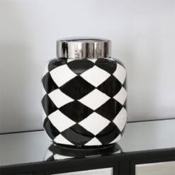 Black And White Harlequin Ginger Jar With A Silver Lid 26cm