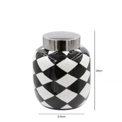 Black And White Check Pattern Ginger Jar With A Silver Lid 26cm