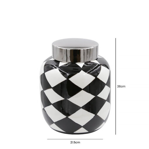 Black And White Harlequin Ginger Jar With A Silver Lid 26cm