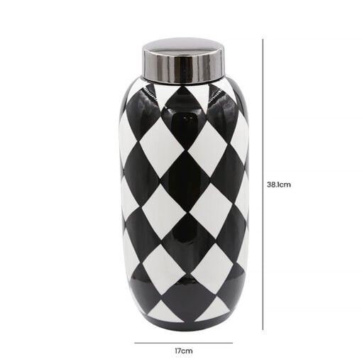 Black And White Harlequin Ginger Jar With A Silver Lid 38cm