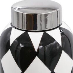 Black And White Check Pattern Ginger Jar With A Silver Lid 38cm