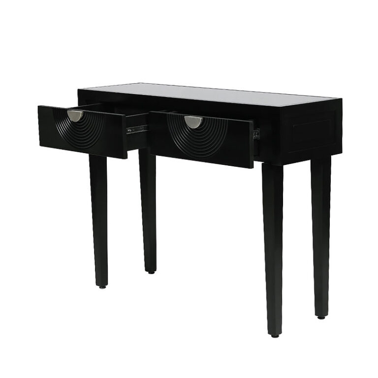 Gabriella 2 Drawer Black Wood Console Table With Clear Mirror Top