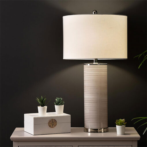 Grey Stripe Table Lamp With A White Linen Shade 72cm