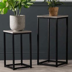 Jude Set Of 2 Industrial Style Black Metal And Grey Wood Plant Stands
