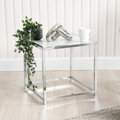 Landon Square Chrome Side Table With A Marble Effect Glass Table Top