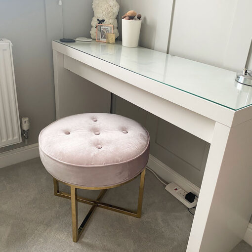 Pink Velvet Stool With Shiny Gold Cross Frame Legs And Tufted Buttons