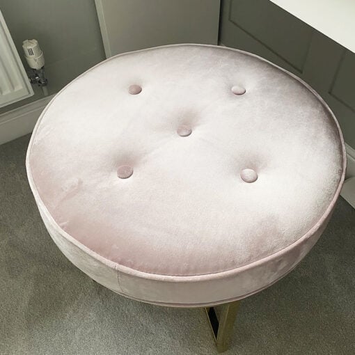Pink Velvet Stool With Shiny Gold Cross Frame Legs And Tufted Buttons