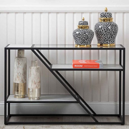 Quentin Industrial Black Metal And Grey Faux Concrete Console Table