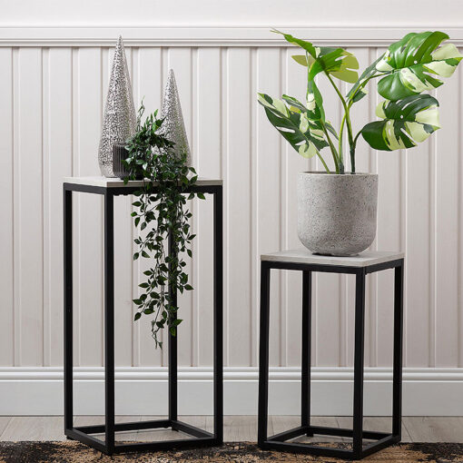Set Of 2 Industrial Black Metal And Grey Faux Concrete Plant Stands