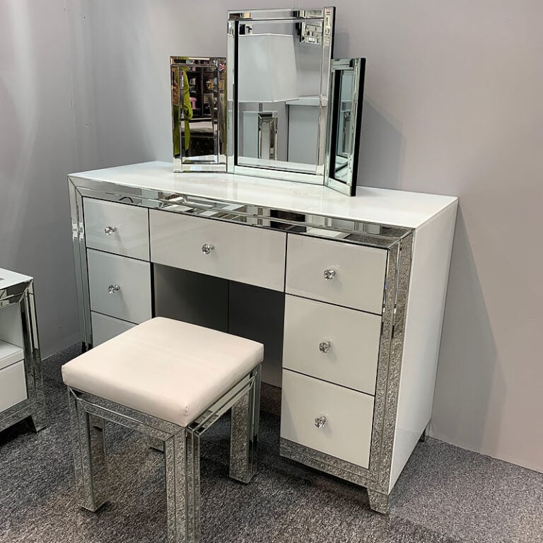 White Mirrored Bedroom Set Of 7 Drawer Dressing Table Stool And Mirror
