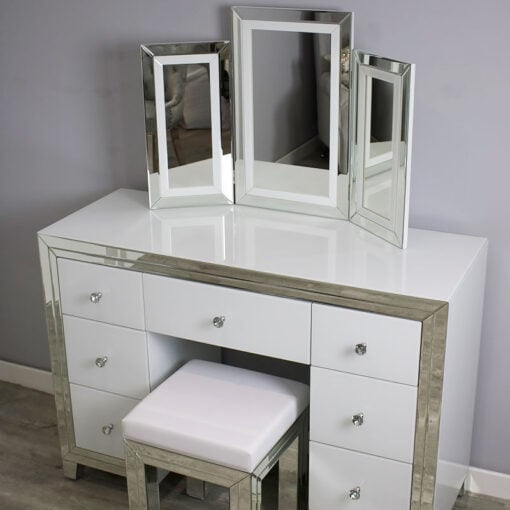 White Mirrored Bedroom Set Of 7 Drawer Dressing Table Stool And Mirror