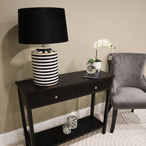 Tall Black And White Striped Humbug Ceramic Table Lamp With Black Shade