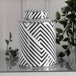Black And White Patterned Ginger Jar Vase With Chrome Lining 20cm