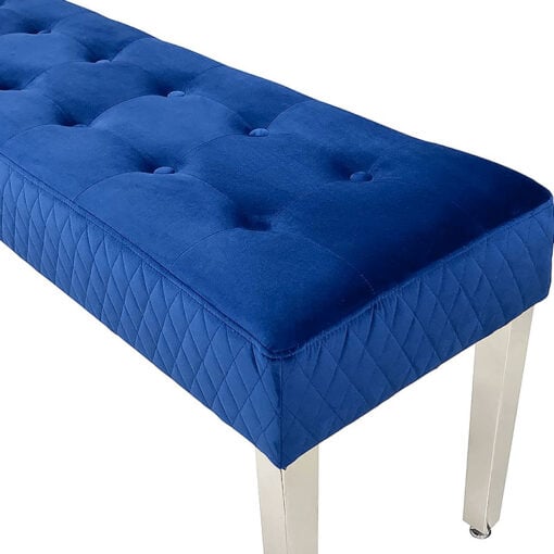 Camilla Navy Blue Velvet And Stainless Steel Tufted Dining Room Bench