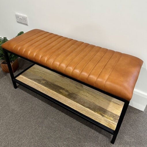 Industrial Vintage Brown Leather Bench With Wooden Shelf