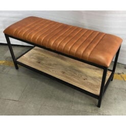 Industrial Vintage Brown Leather Bench With Wooden Shelf