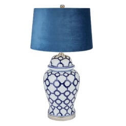 Large Geometric Style Blue And White Table Lamp with Blue Velvet Shade