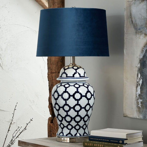 Large Geometric Style Blue And White Table Lamp with Blue Velvet Shade