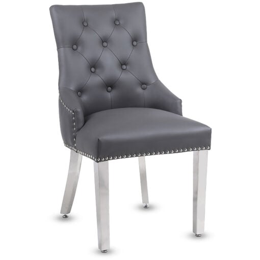 Mary Hudson Grey PU Leather And Chrome Dining Chair With Ring Knocker