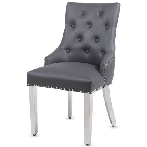Mary Hudson Grey PU Leather And Chrome Dining Chair With Ring Knocker