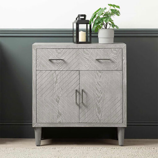 Philippa Chevron Pattern Grey Elm Wood 1 Drawer 2 Door Cabinet