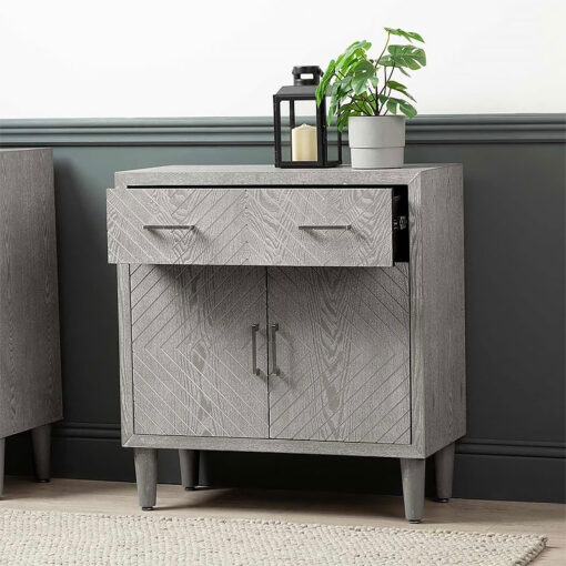 Philippa Chevron Pattern Grey Elm Wood 1 Drawer 2 Door Cabinet