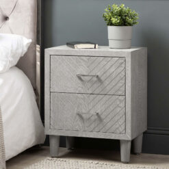 Philippa Chevron Pattern Grey Elm Wood 2 Drawer Bedside Cabinet Table