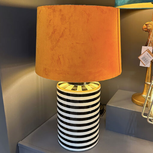 Tall Black And White Striped Humbug Ceramic Table Lamp With Burnt Orange Shade