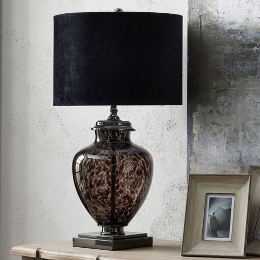 Amphora Dapple Brown Glass Table Lamp With Black Velvet Shade