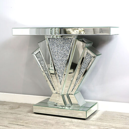 Art Deco Style Mirrored Diamond Crush Fan Shape Console Table